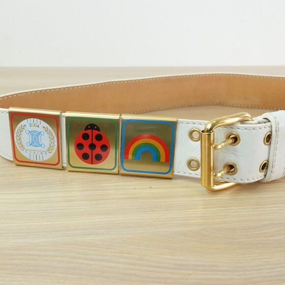 CELINE Belt 80 32 Small Western Equestrian Rugby Gold Buckle Logo RARE 2004 Y2K - Picture 13 of 16